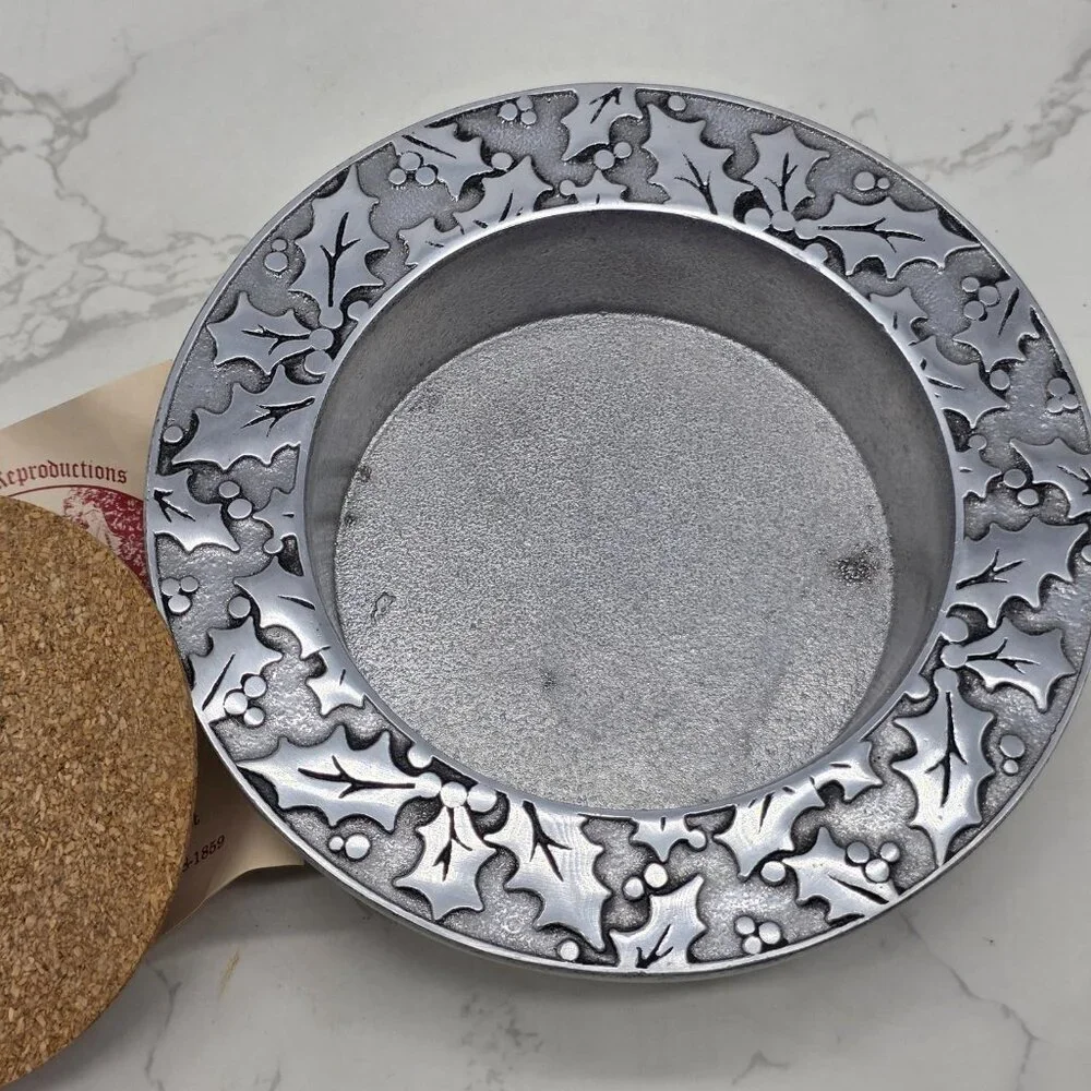 Pewtarex Pewter Wine Bottle Coaster Holly Berry Pattern Cork Insert USA Made NEW